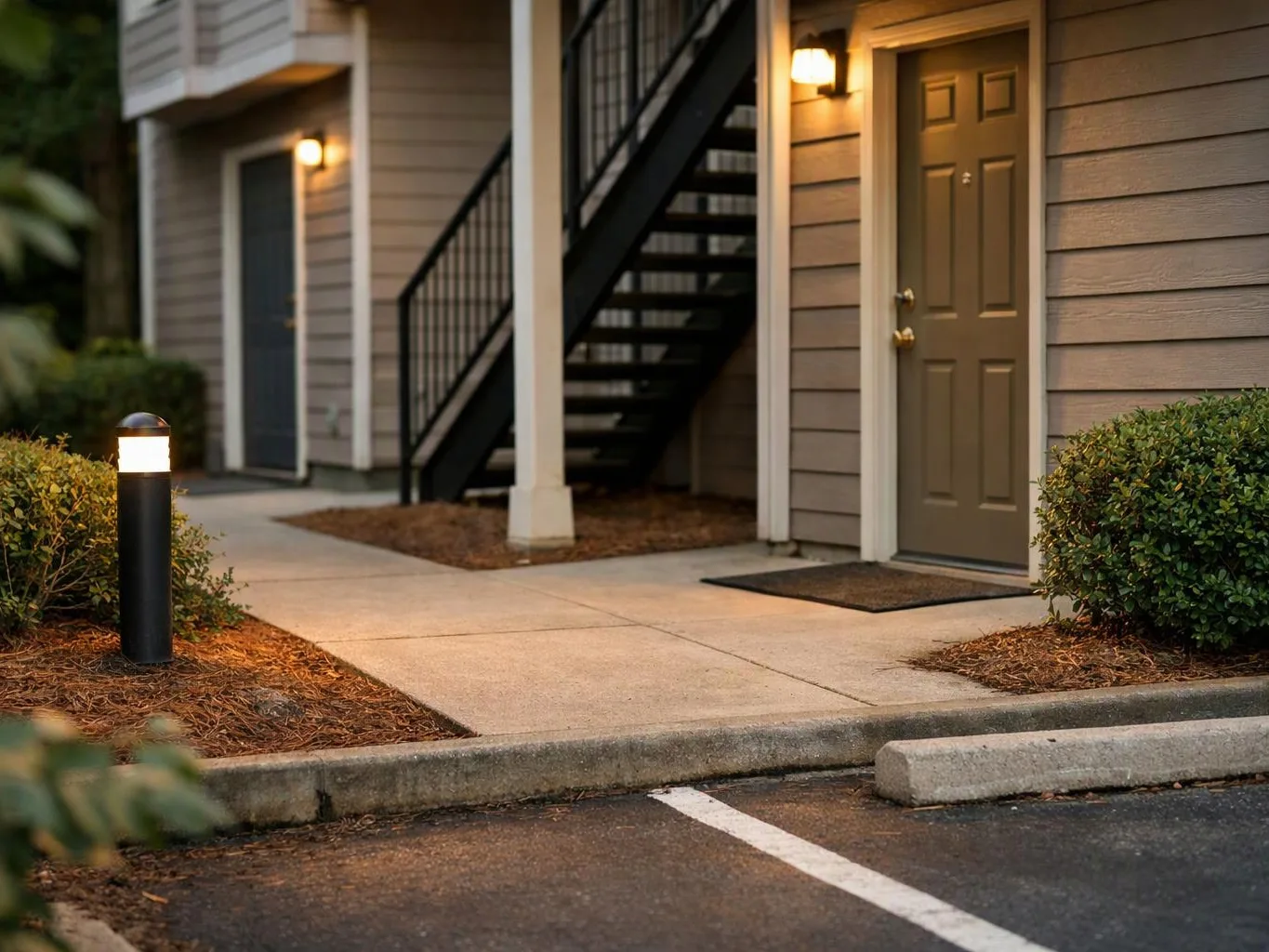 Apartment entry with lit wall lamps, a stairwell, and a sidewalk beside a parking space