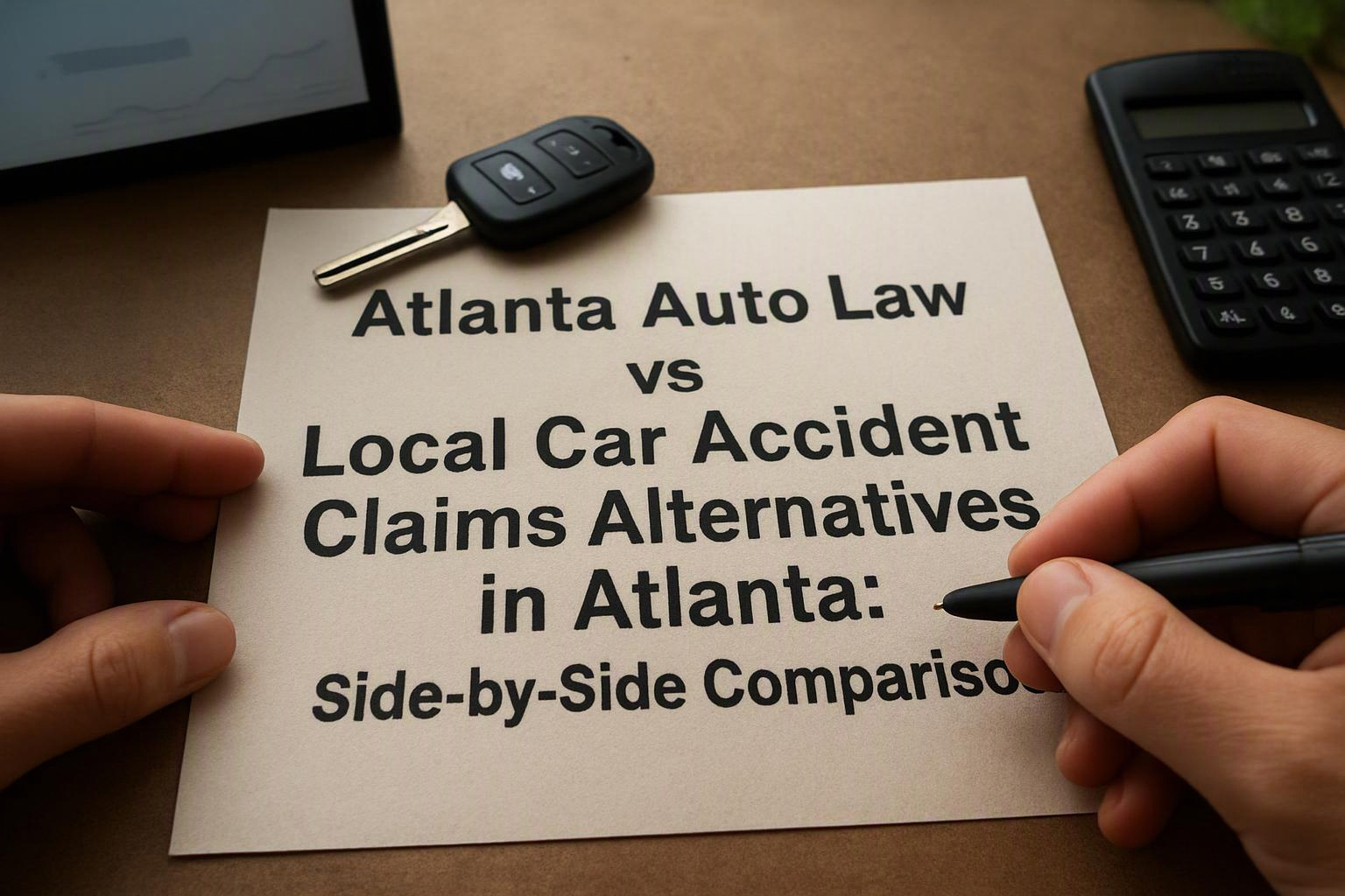 Hands hold a pen over a printed comparison sheet beside a car key and calculator on a desk
