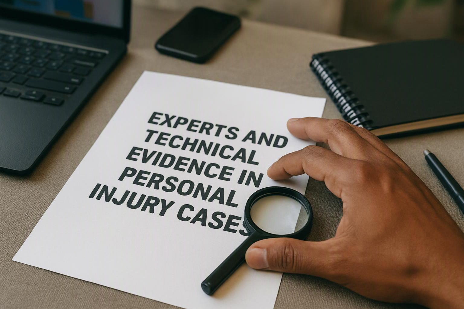 A hand holds a magnifying glass over a paper reading “EXPERTS AND TECHNICAL EVIDENCE IN PERSONAL INJURY CASES” beside a laptop and notebook