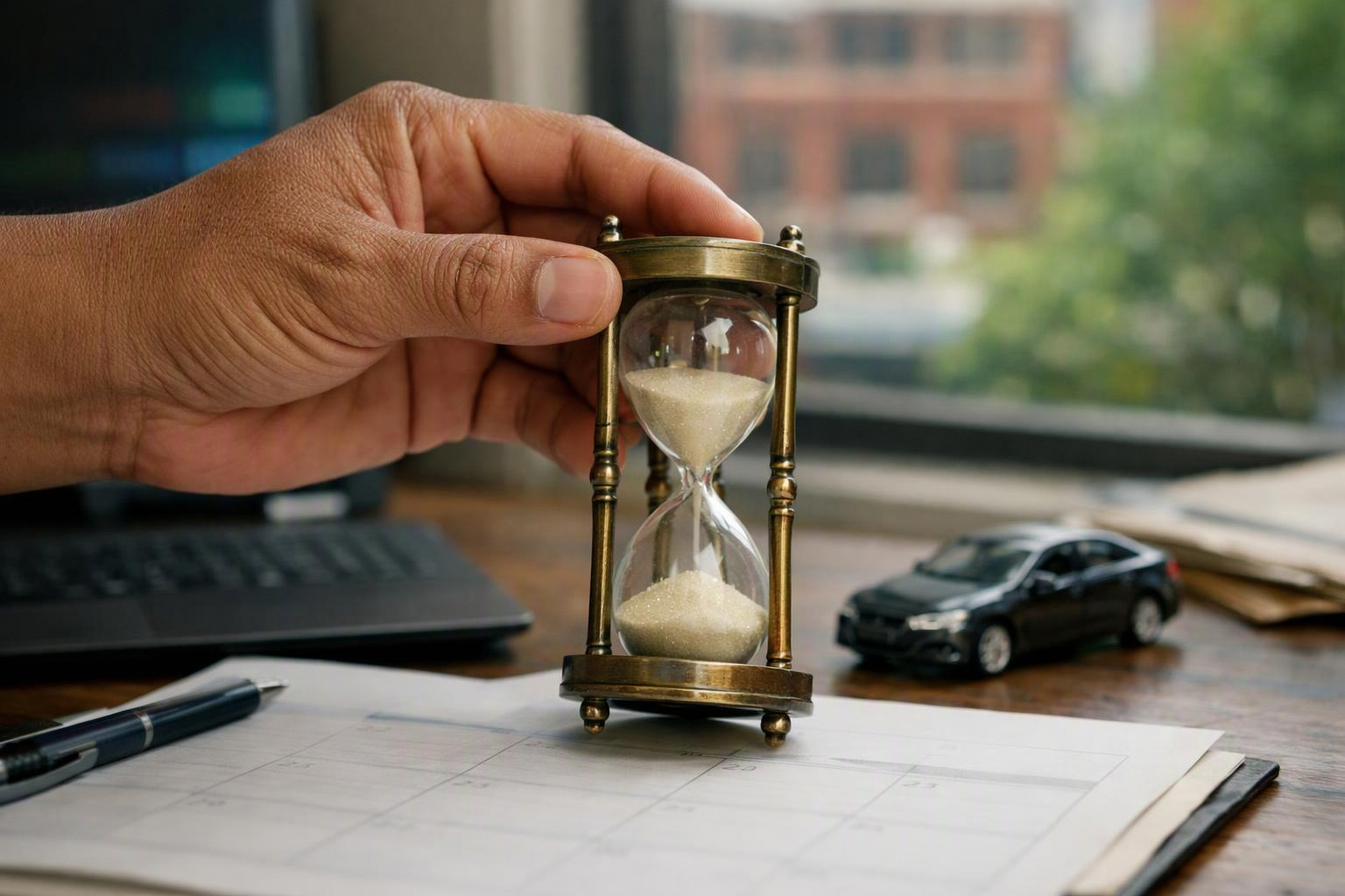 A hand holds an hourglass above papers on a desk, with a small toy car and laptop nearby