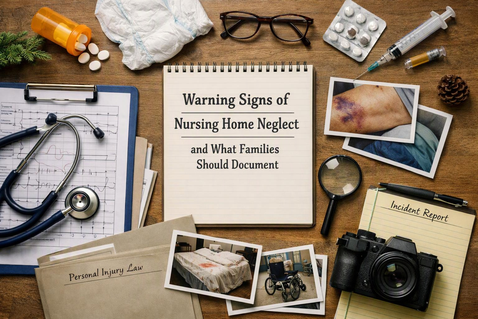 A desk layout shows medical tools, injury photos, and notes about nursing home neglect and incident reporting