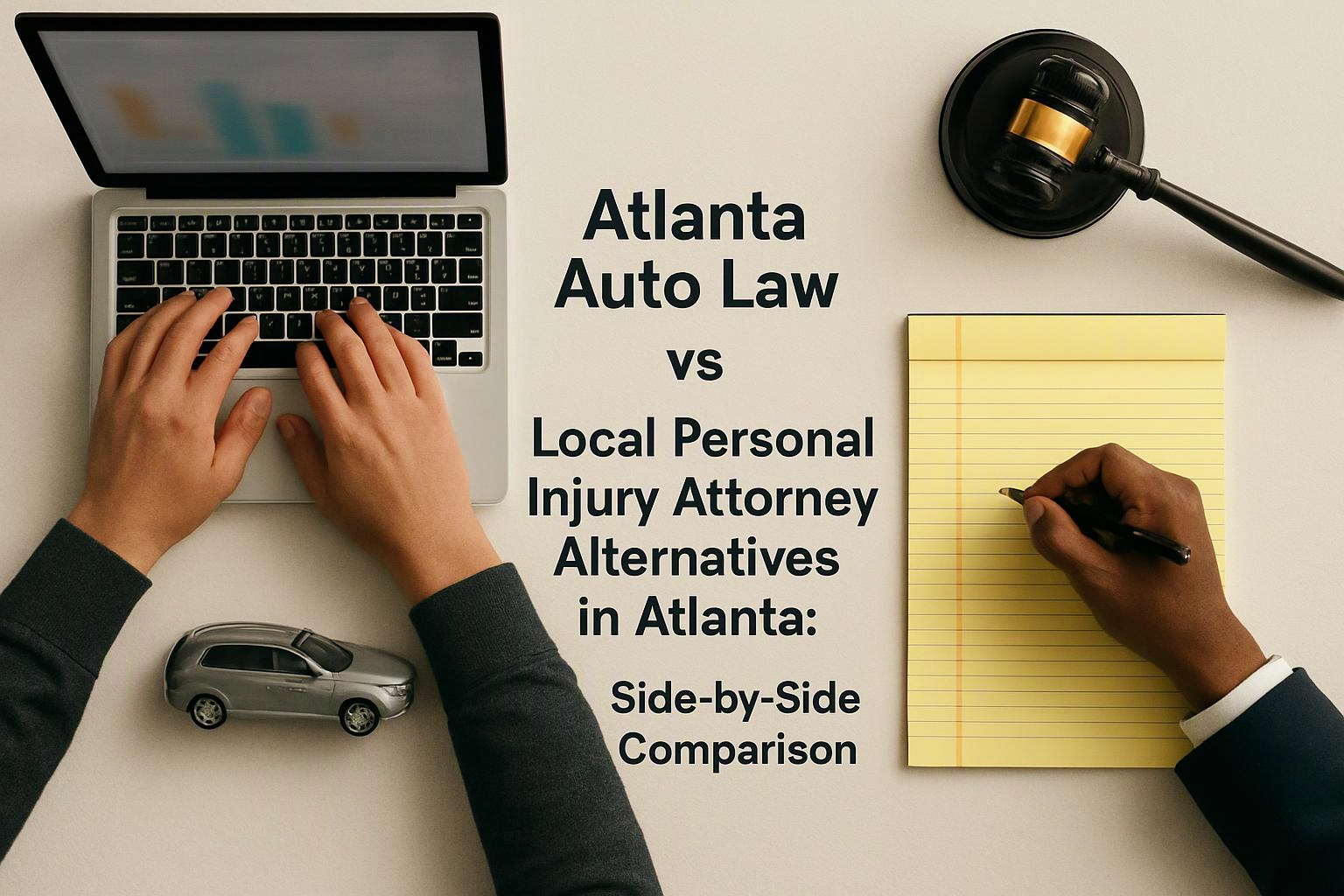 Overhead desk scene shows hands typing on a laptop beside a gavel, notebook, and toy car, with legal comparison text centered
