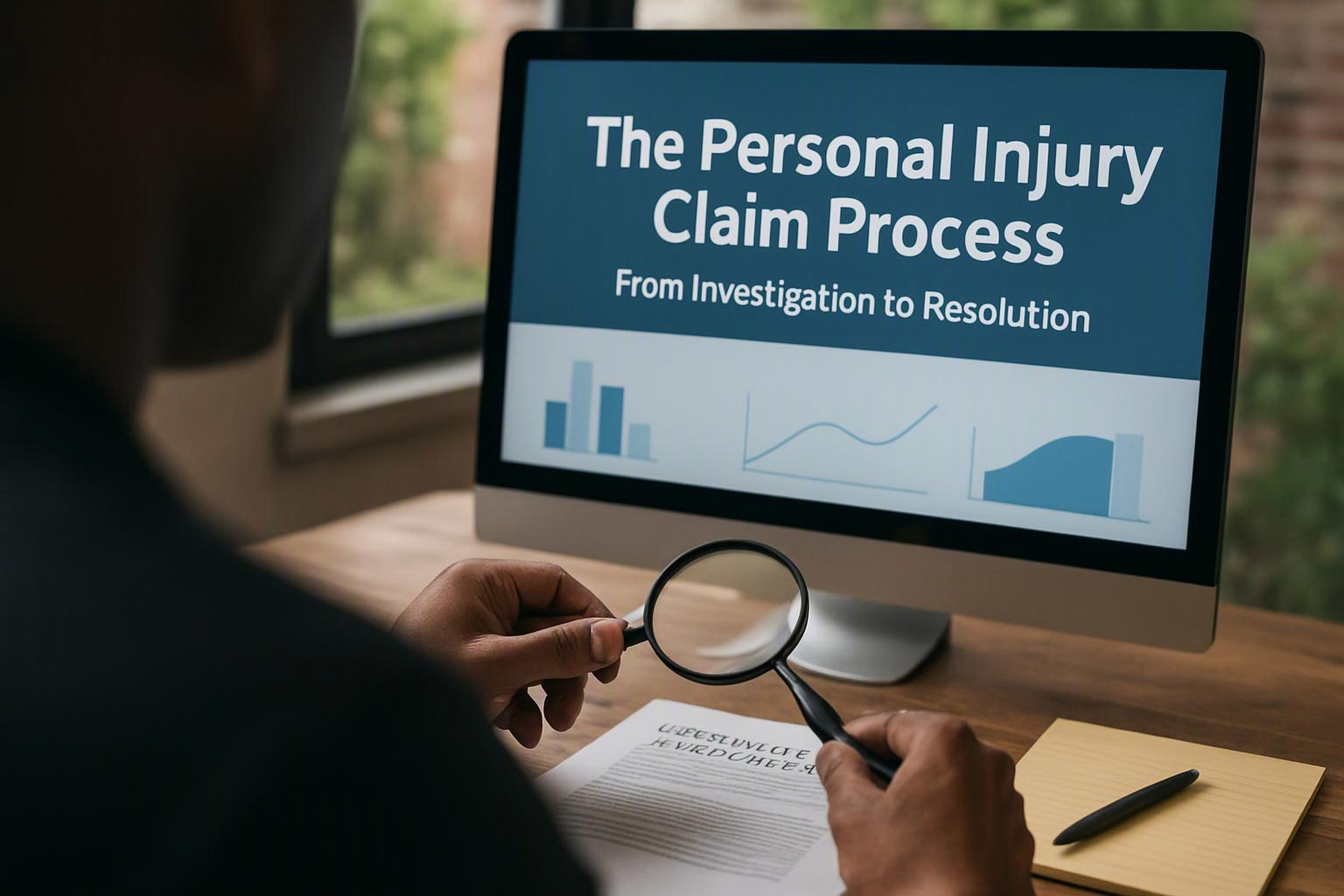 A person studies a document with a magnifying glass beside a computer showing a personal injury claim process slide