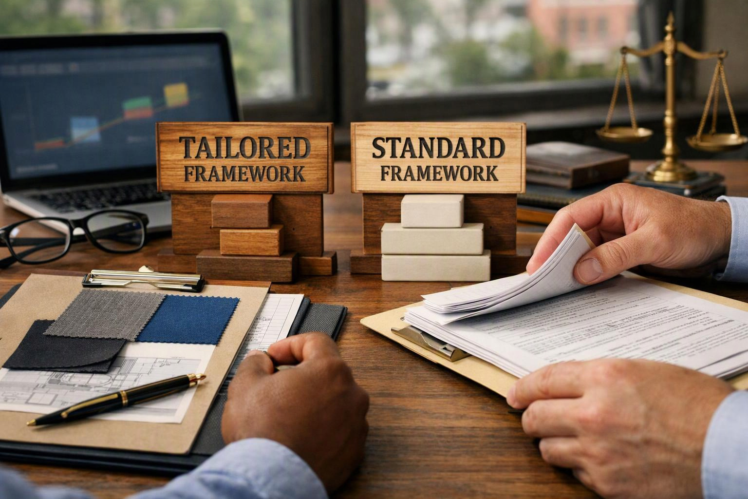 Two hands review papers beside wood blocks labeled tailored framework and standard framework on a desk