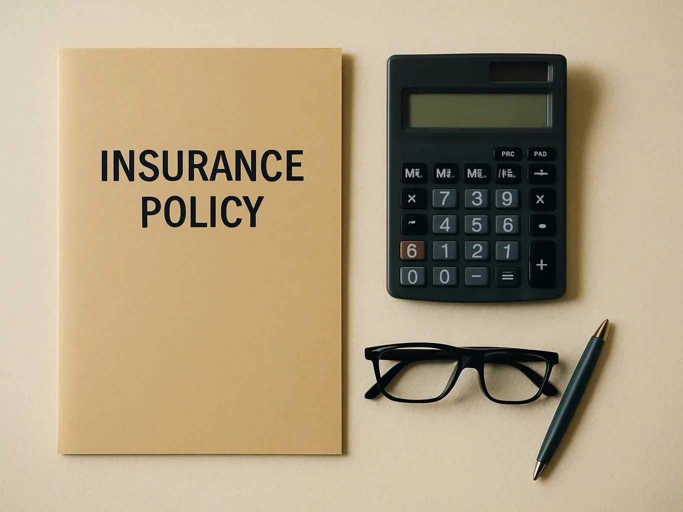 A beige insurance policy booklet sits beside a calculator, eyeglasses, and a pen on a flat surface