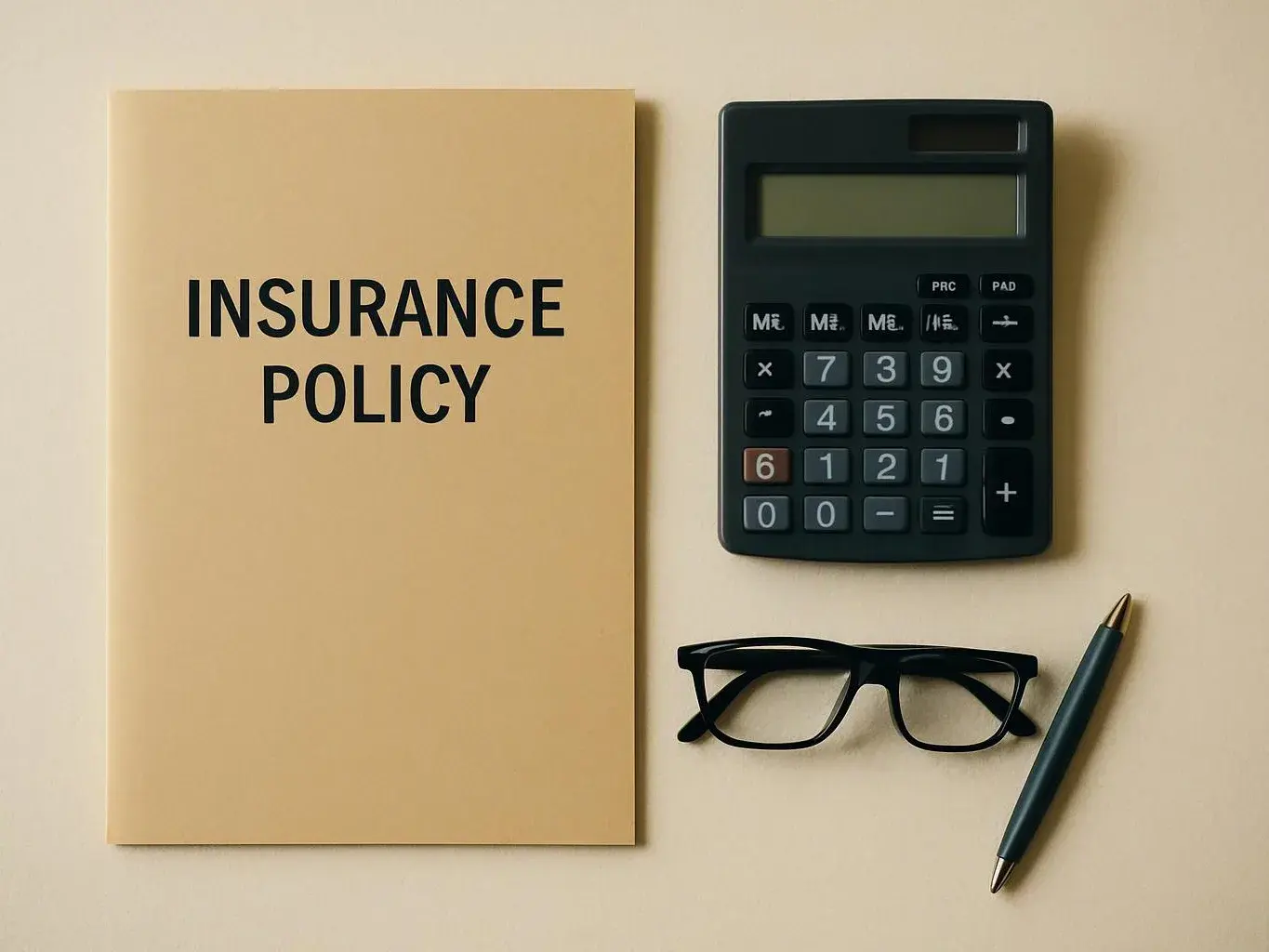 A beige insurance policy folder sits beside a calculator, glasses, and a pen on a plain desk
