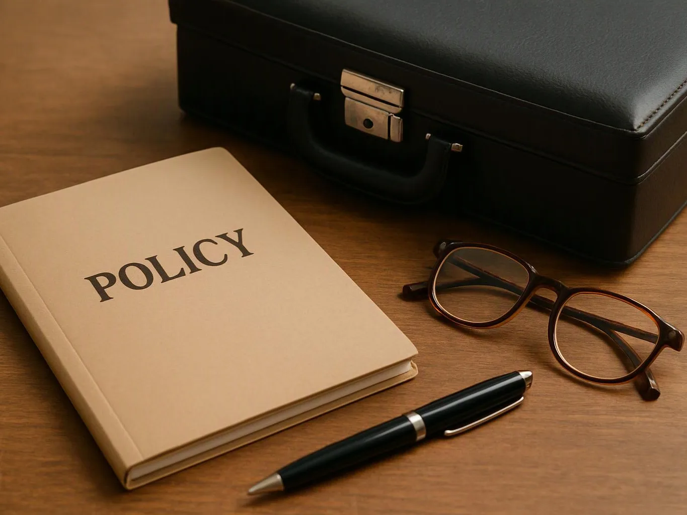 A beige policy book sits beside eyeglasses, a pen, and a black briefcase on a wooden desk