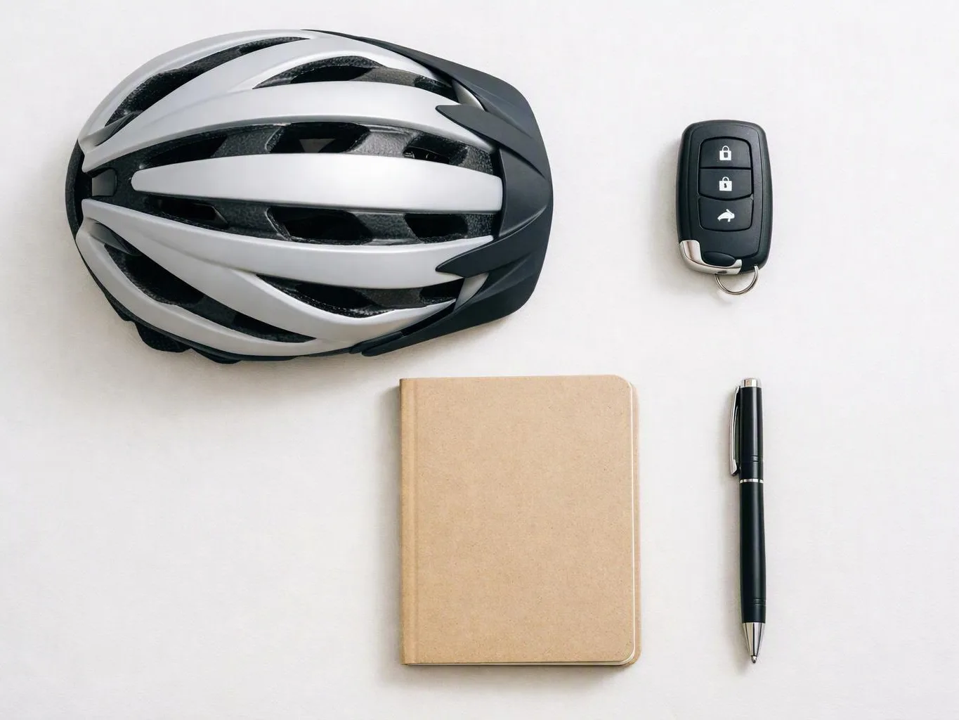 A bicycle helmet, car key fob, notebook, and pen are arranged neatly on a white surface