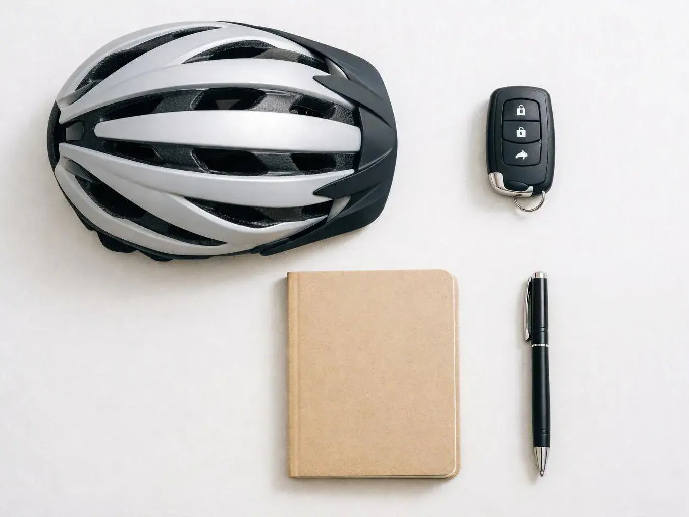 A bicycle helmet, car key fob, notebook, and pen lie neatly on a white surface