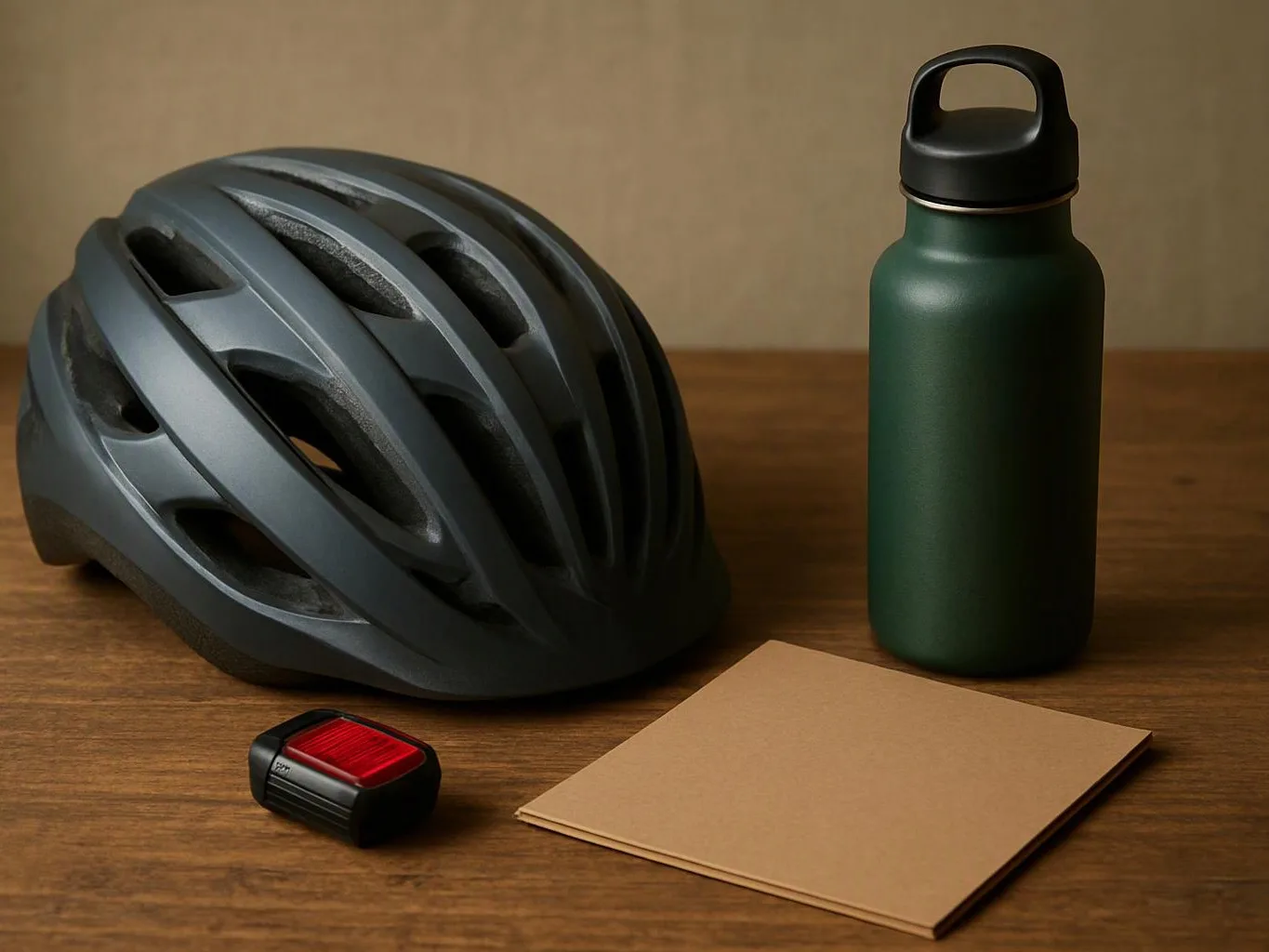 A bicycle helmet, water bottle, red bike light, and folded card sit on a wooden table