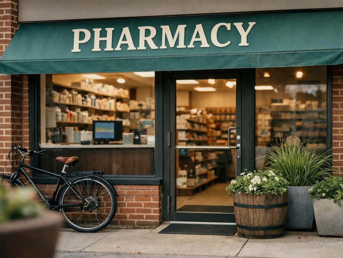 A bicycle rests outside a pharmacy storefront with a green awning and potted plants by the door