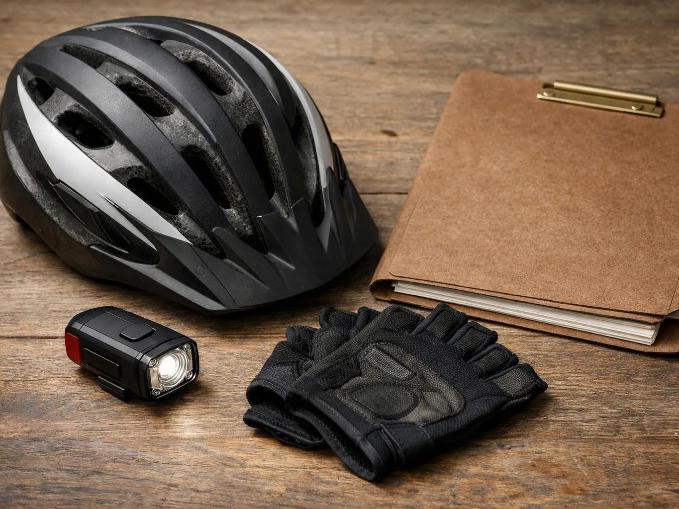 A bike helmet, gloves, flashlight, and clipboard sit on a wooden table