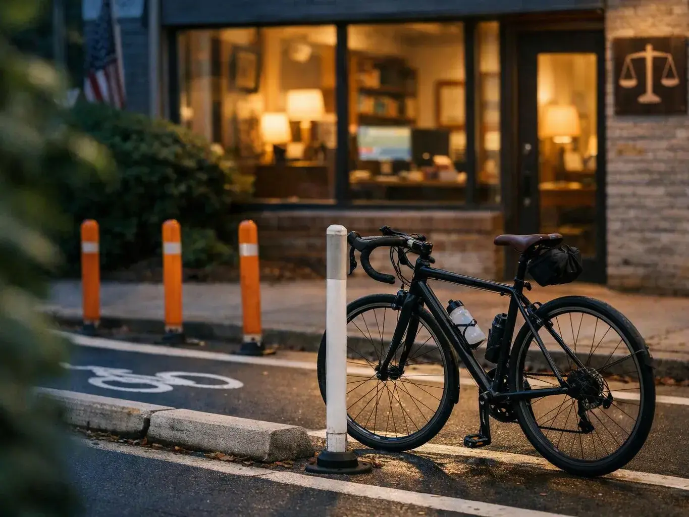 A black bicycle is parked beside a white post on a wet street outside a lit building