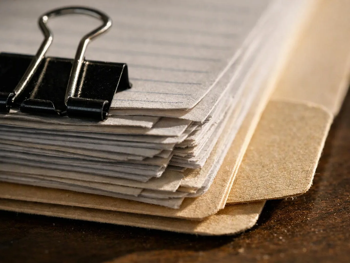 A black binder clip holds a stack of lined papers and folders on a wooden table