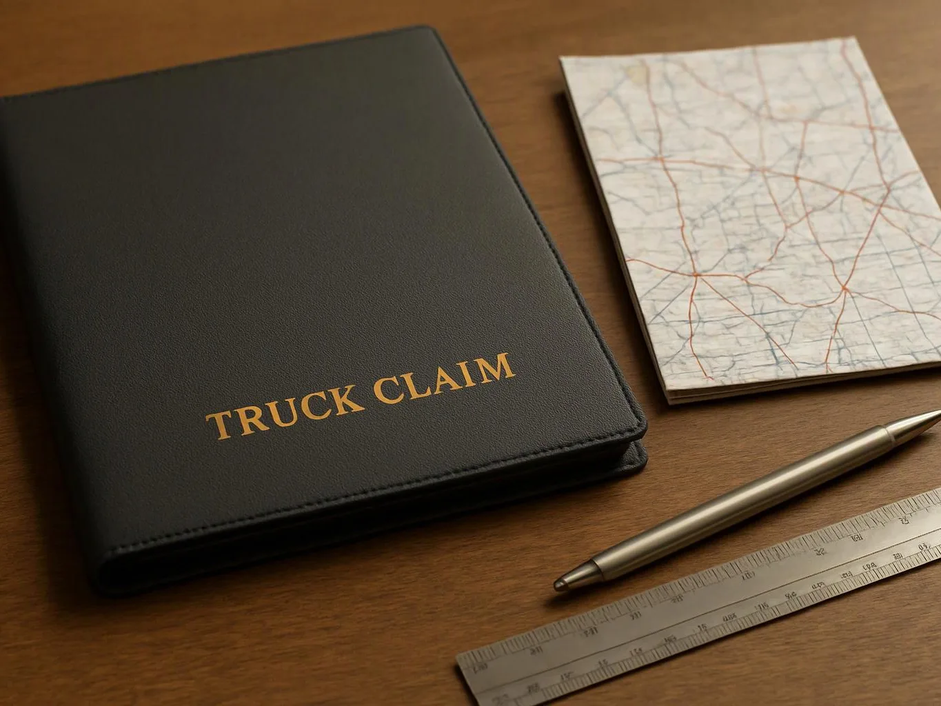 A black binder labeled "TRUCK CLAIM" sits beside a map pad, pen, and ruler on a wooden desk