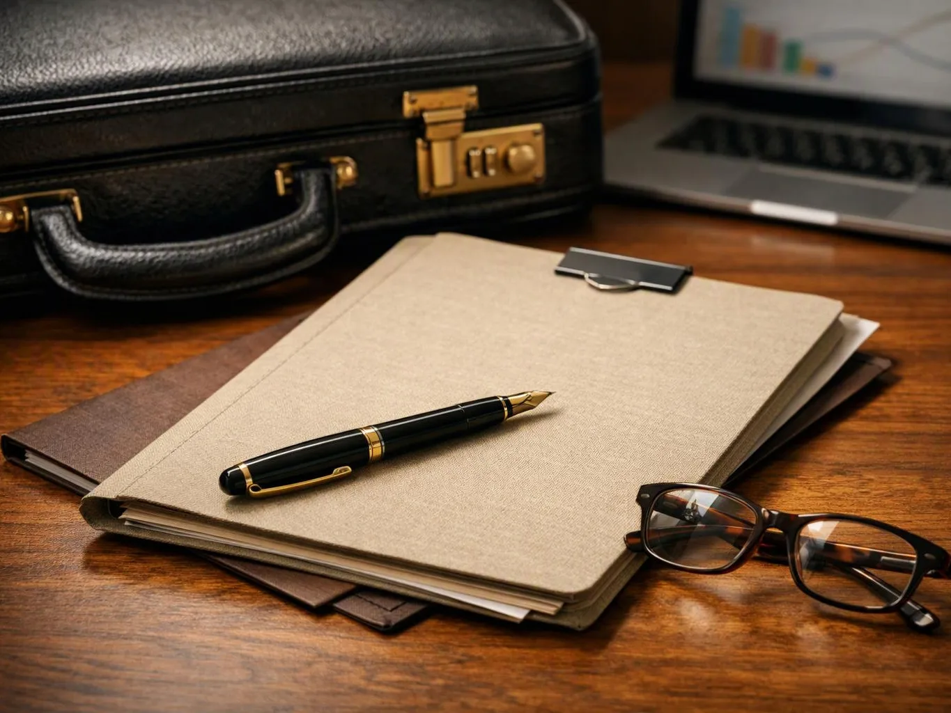 A black briefcase, notebook, fountain pen, glasses, and laptop sit on a wooden desk