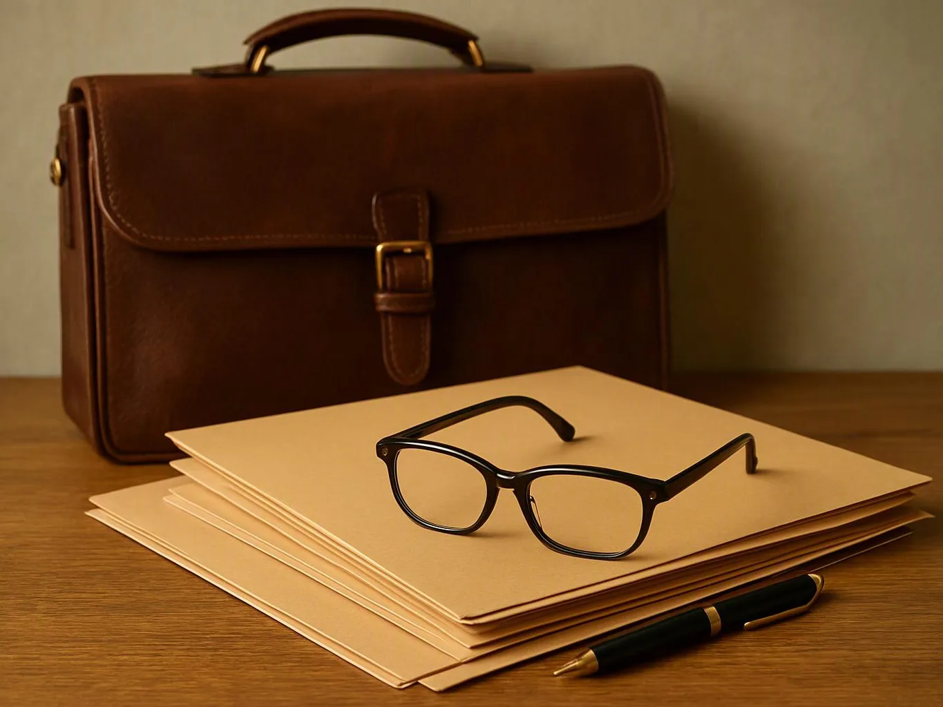 Black eyeglasses rest on a stack of manila folders beside a pen and a brown leather briefcase on a wooden table
