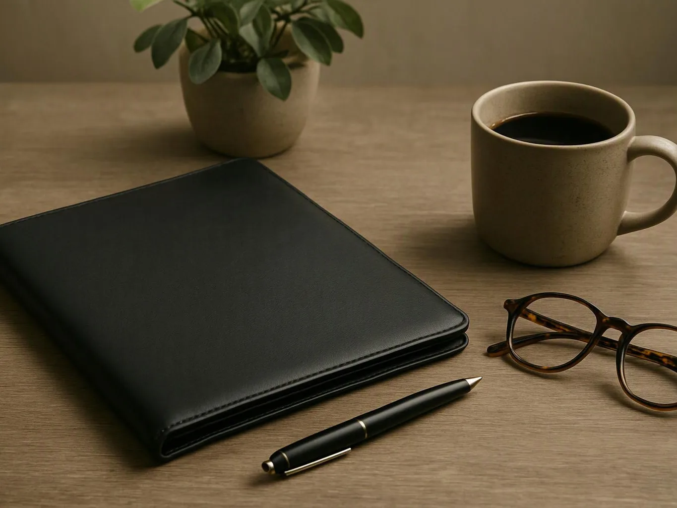 A black folder, pen, glasses, coffee mug, and potted plant rest on a wooden desk