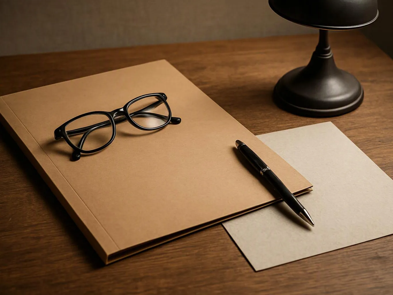 Black glasses and a pen rest on a tan folder beside a lamp on a wooden desk