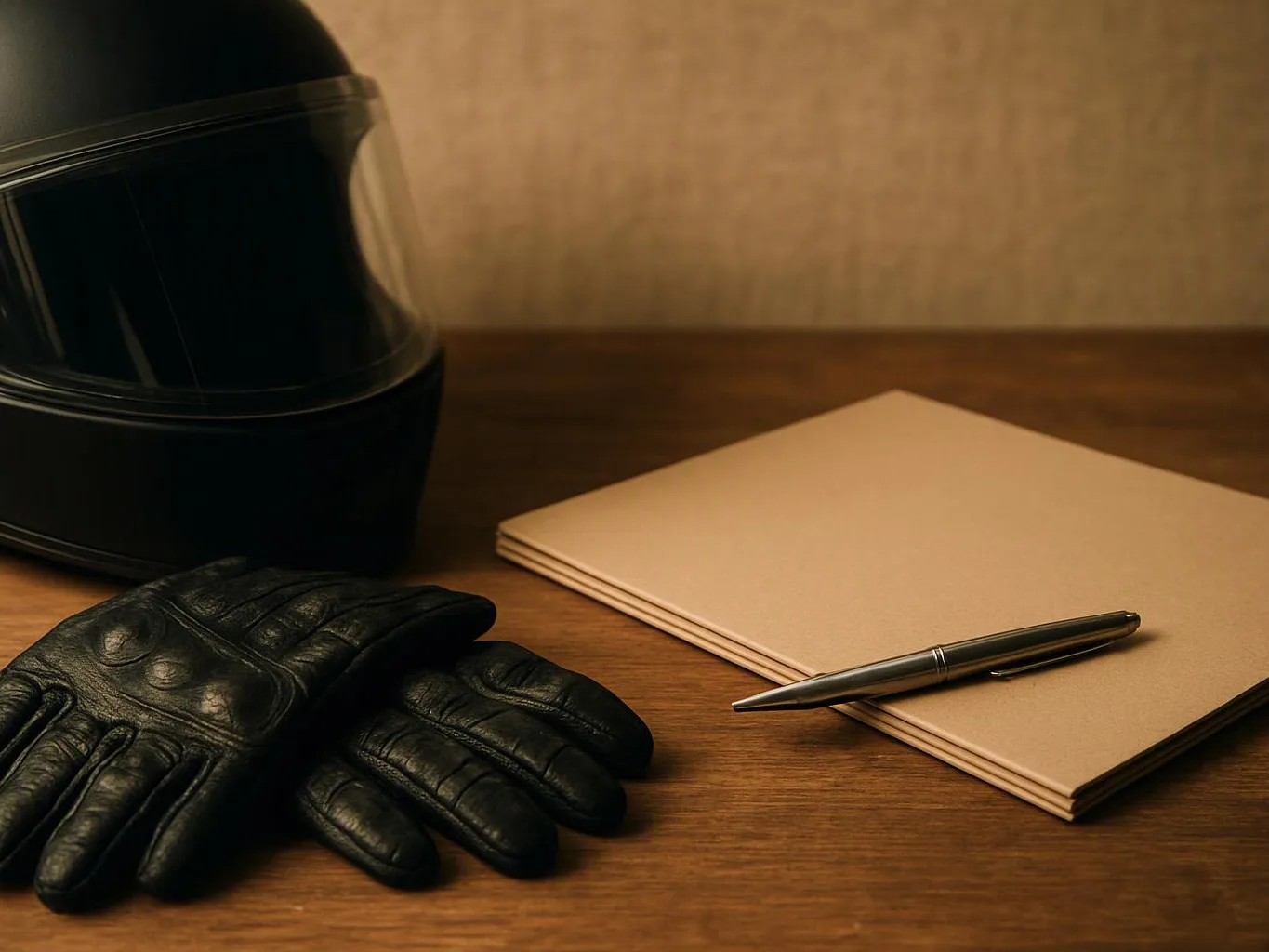 A black helmet, leather gloves, a blank notepad, and a pen rest on a wooden desk