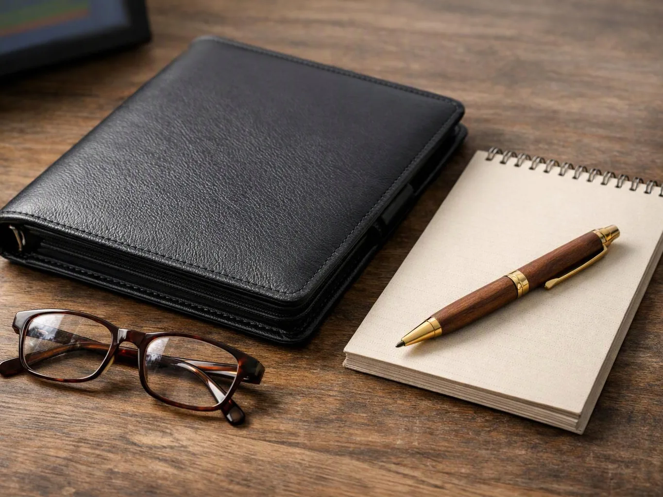 A black leather binder, spiral notebook with pen, and eyeglasses rest on a wooden desk