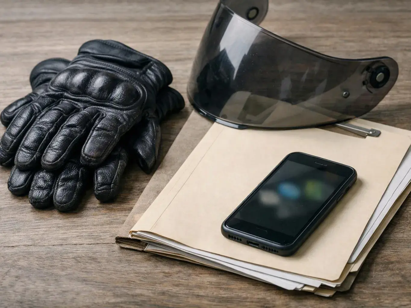 Black leather gloves, a tinted face shield, and a smartphone rest on stacked folders on a wooden table