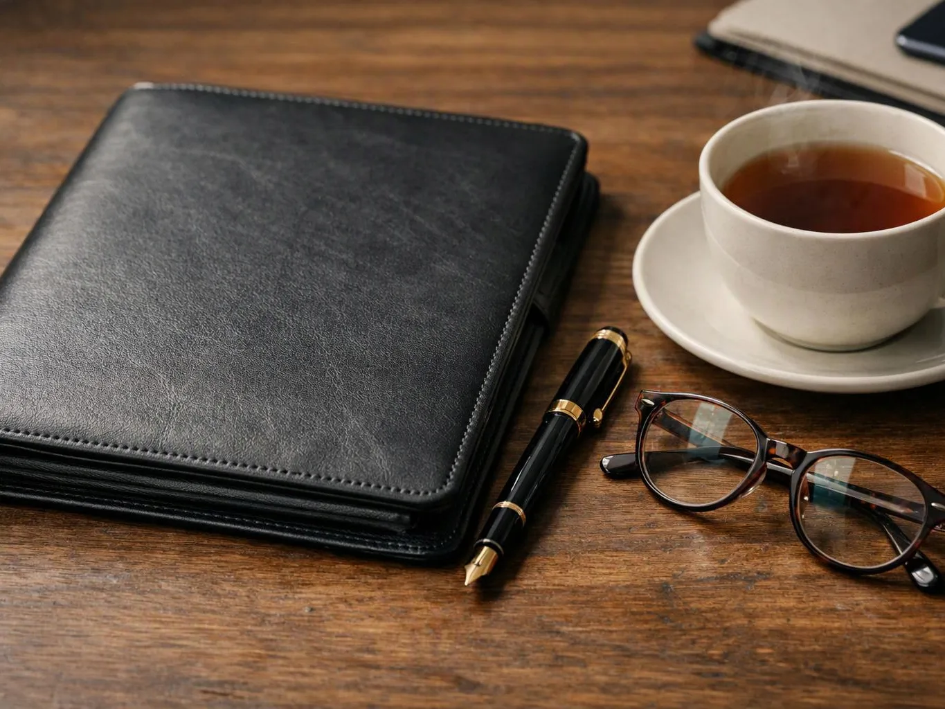 A black leather notebook, pen, glasses, and a steaming cup of tea rest on a wooden table