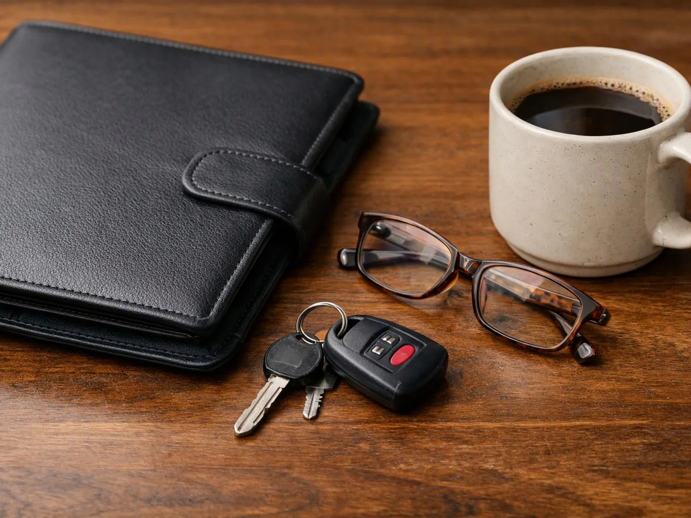 A black leather planner, eyeglasses, car keys, and a coffee mug rest on a wooden table