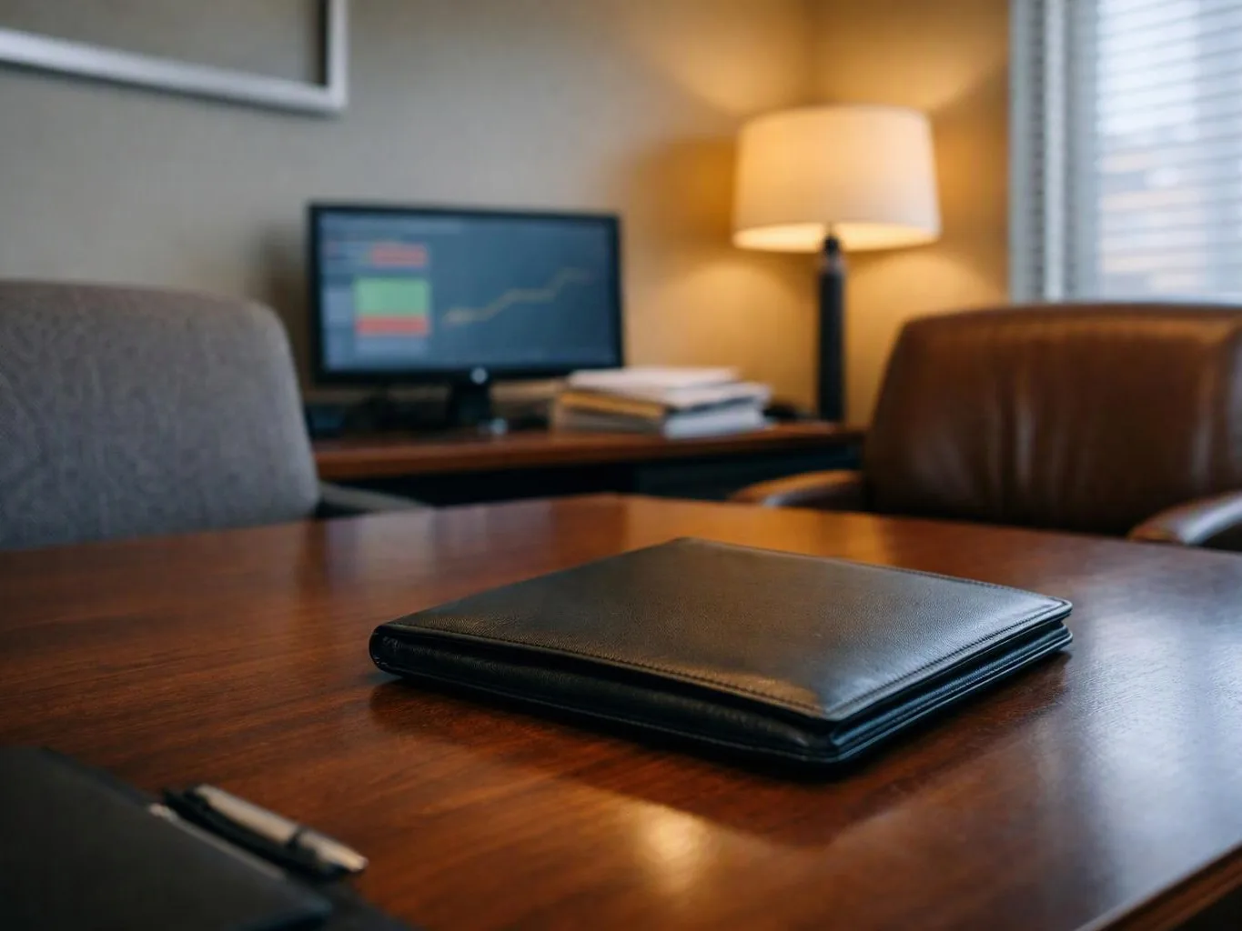 A black leather portfolio rests on a wooden desk beside a lamp, monitor, and empty chairs