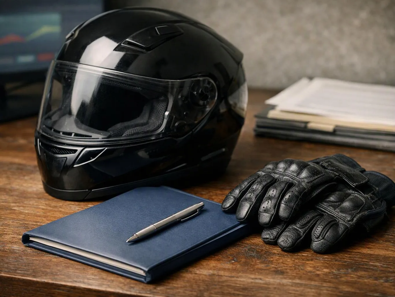 A black motorcycle helmet, gloves, pen, and notebook rest on a wooden desk