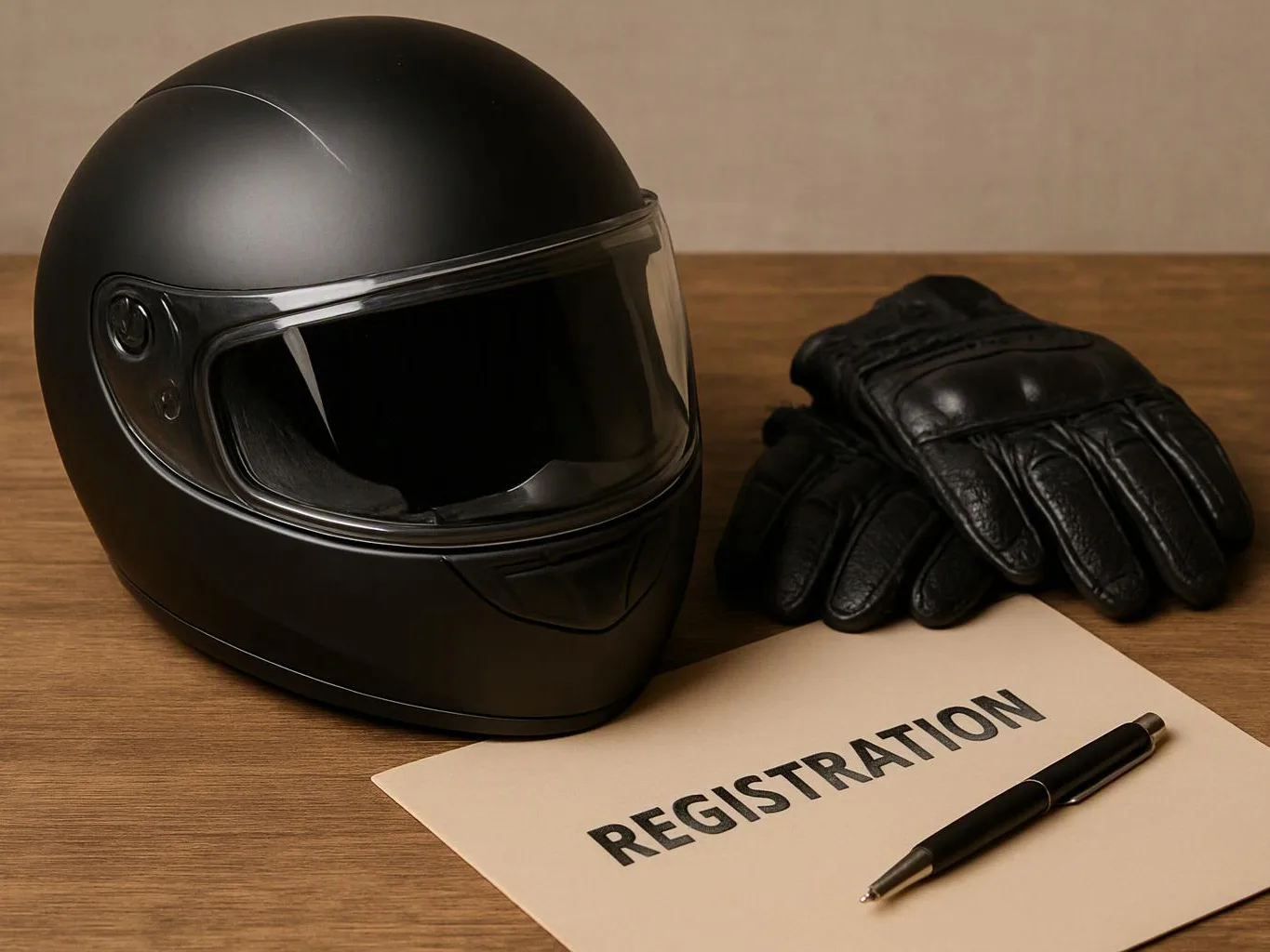 A black motorcycle helmet, gloves, and a registration form with a pen sit on a wooden table