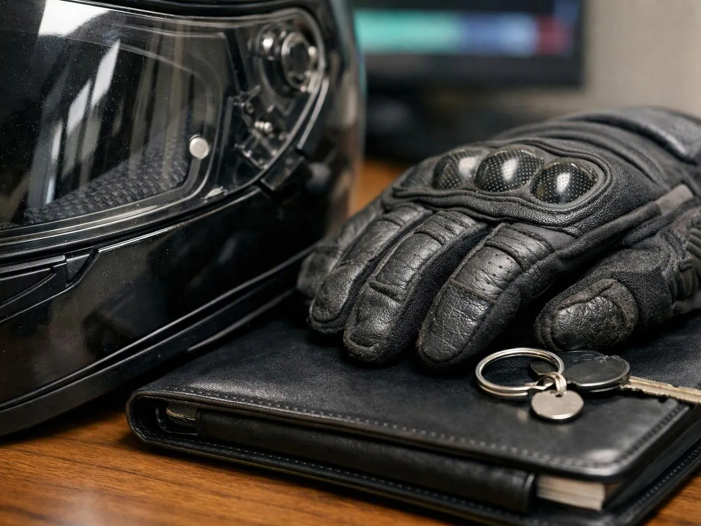 A black motorcycle helmet sits beside leather riding gloves, a notebook, and keys on a wooden table
