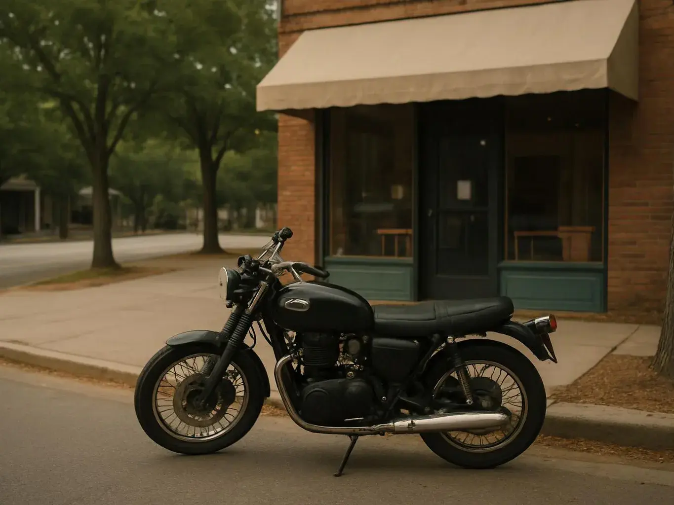 A black motorcycle is parked beside a brick storefront on a quiet tree-lined street