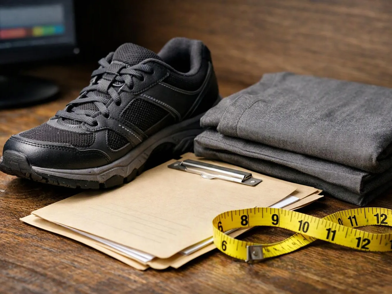 A black sneaker sits beside folded gray pants, a clipboard, and a yellow measuring tape on a wooden table