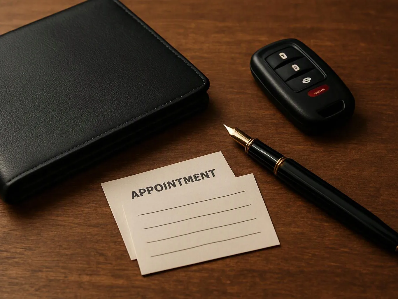Black wallet, car key fob, fountain pen, and an appointment card lie on a wooden desk
