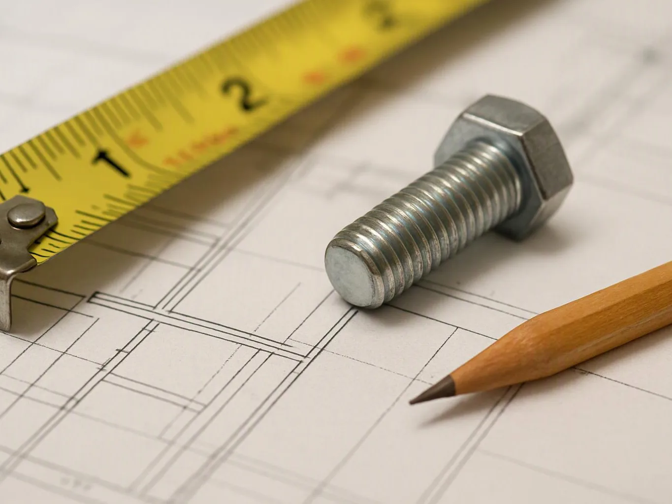 A bolt, pencil, and tape measure rest on a technical drawing of a building plan