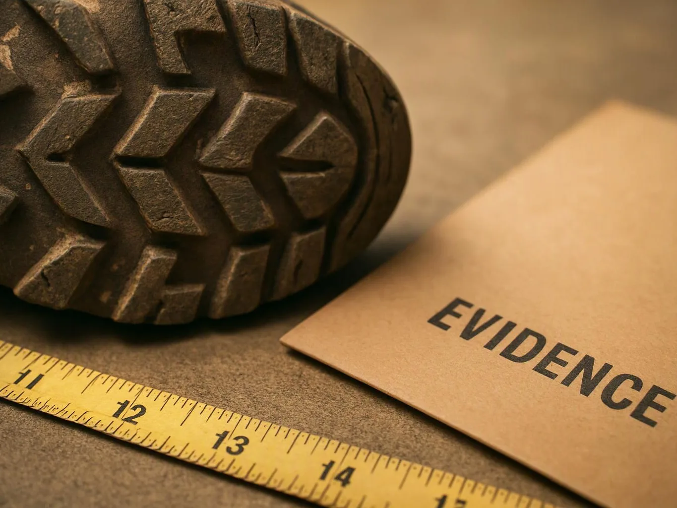 A boot sole, yellow measuring tape, and an evidence envelope sit on a tabletop