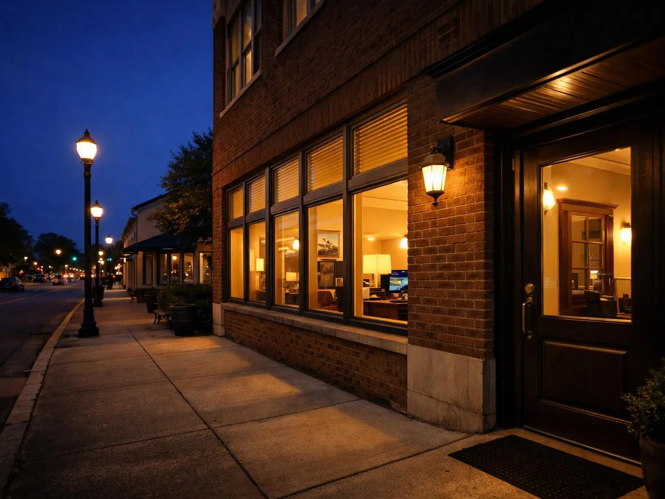 A brick building glows at dusk beside a sidewalk and street lamps, with warm light shining through large windows