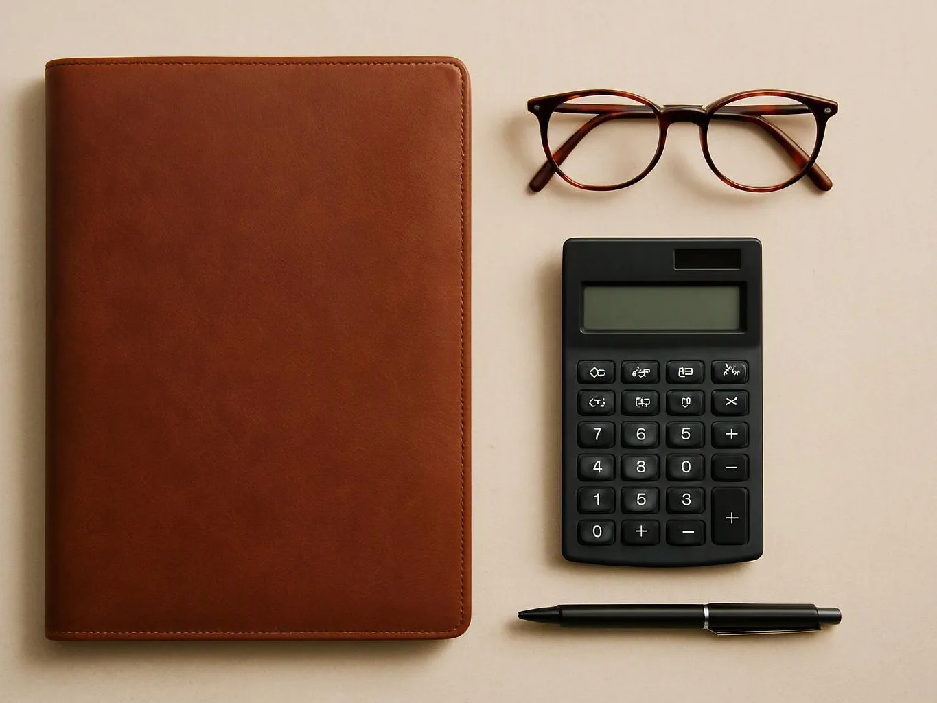 A brown leather notebook, eyeglasses, calculator, and pen are neatly arranged on a light surface