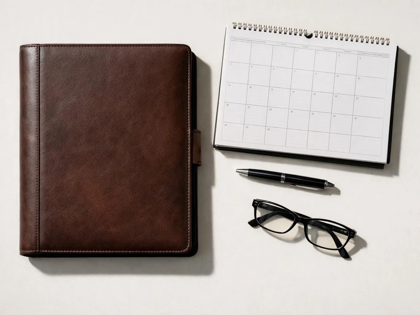 A brown leather planner sits beside a calendar, pen, and black eyeglasses on a white surface