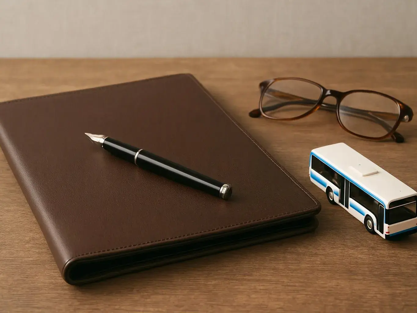 A brown notebook with a black pen, eyeglasses, and a small toy bus sits on a wooden desk
