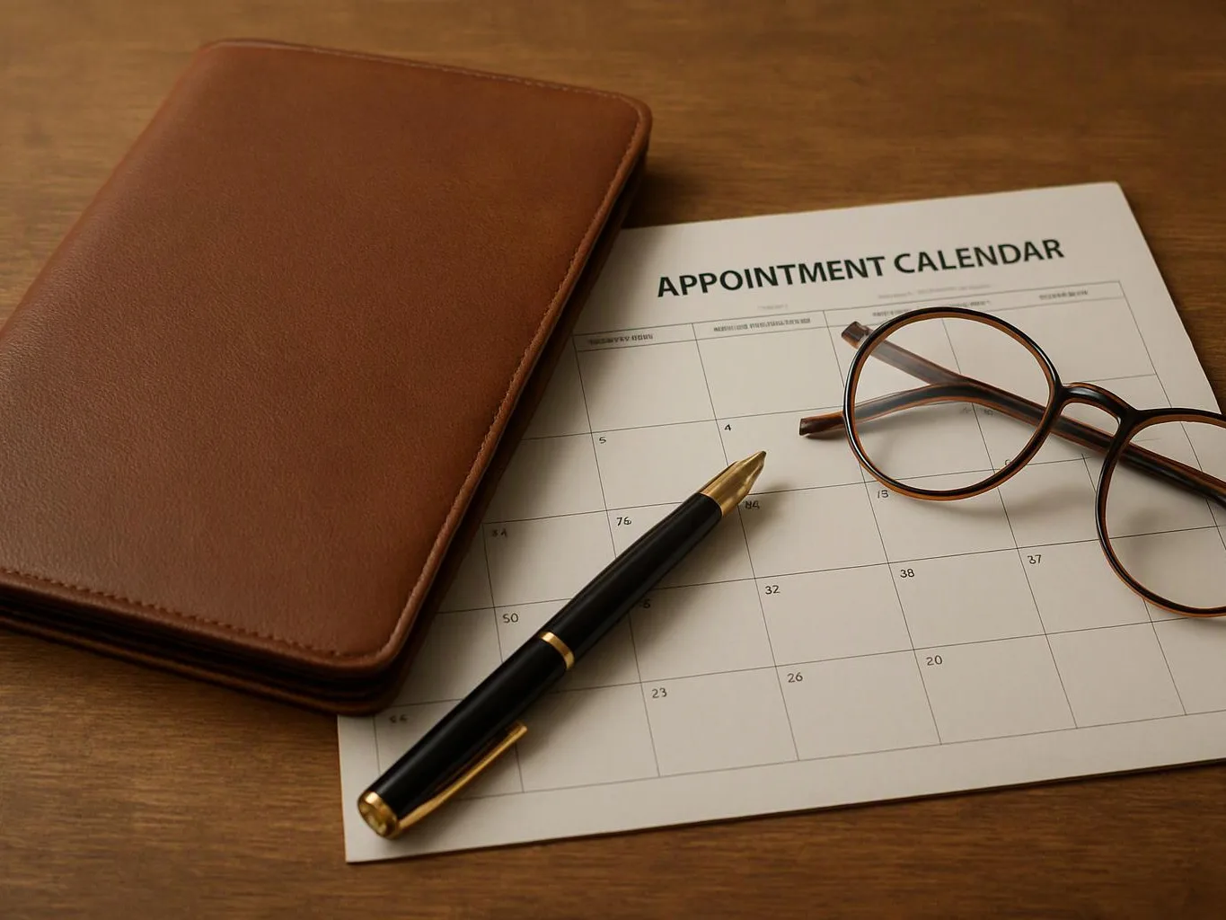 Brown notebook, eyeglasses, and a pen rest on an appointment calendar on a wooden desk