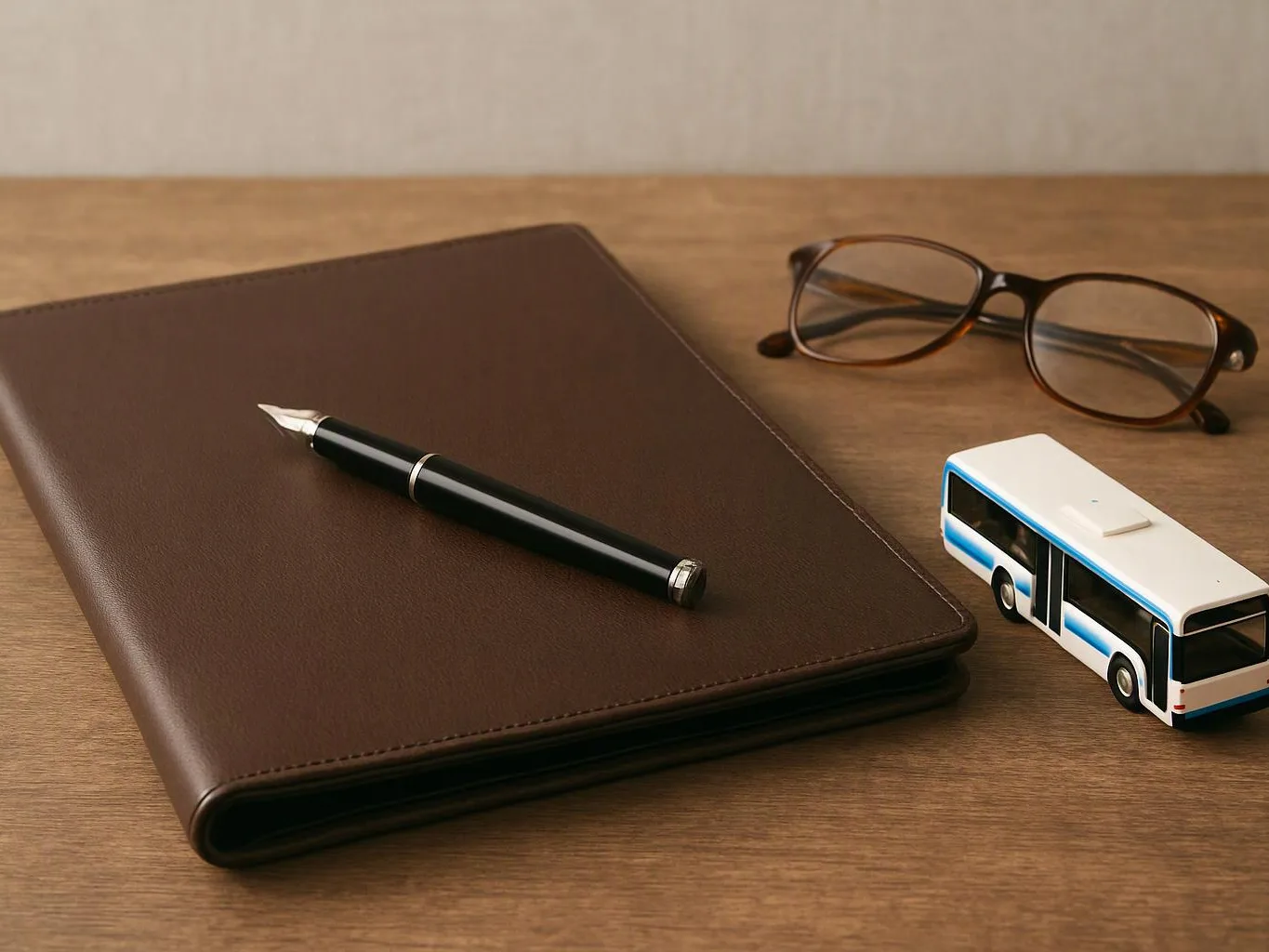A brown notebook, fountain pen, eyeglasses, and a toy bus rest on a wooden desk