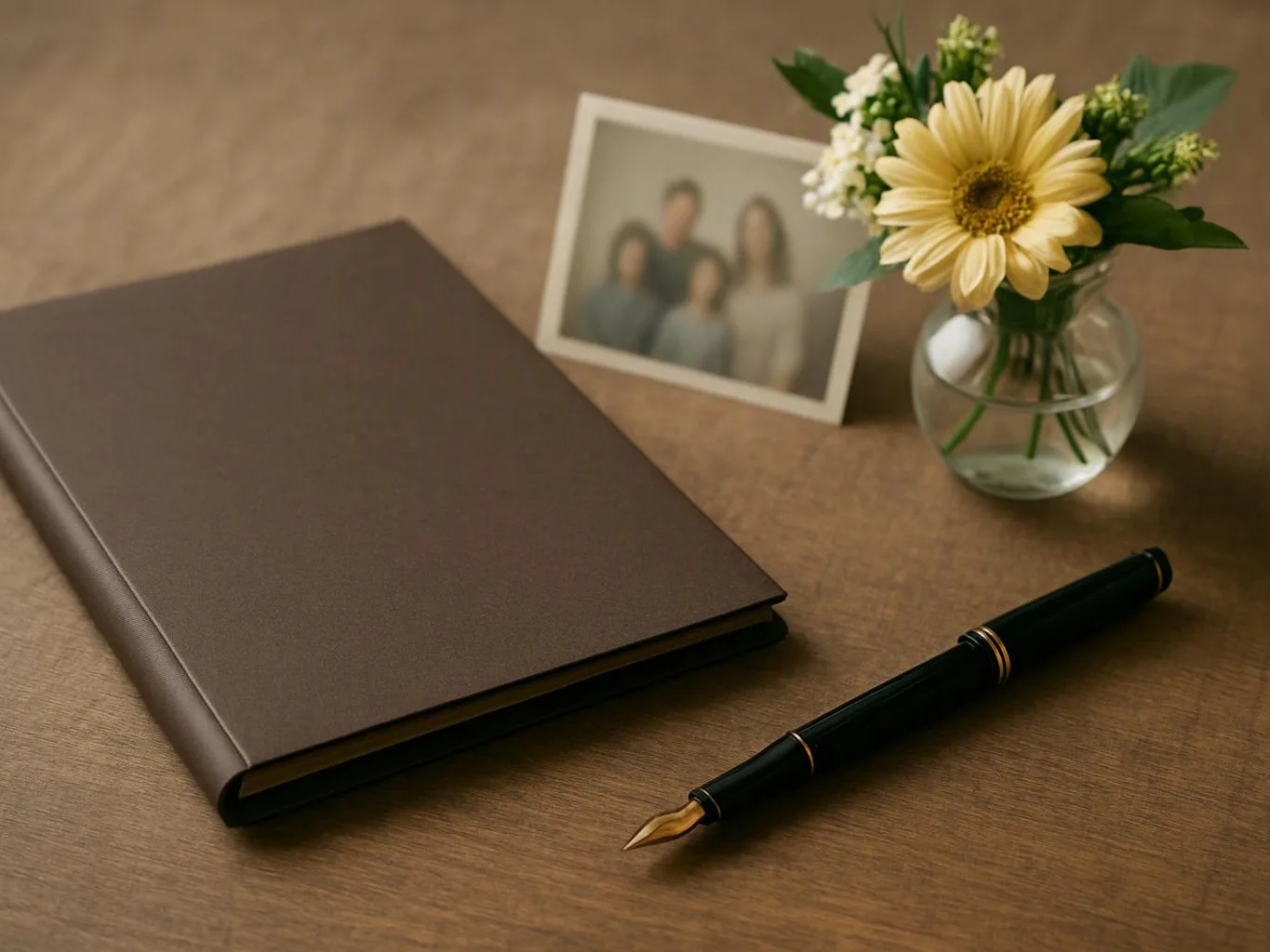 A brown photo album, fountain pen, framed family photo, and small vase of yellow flowers rest on a wooden table