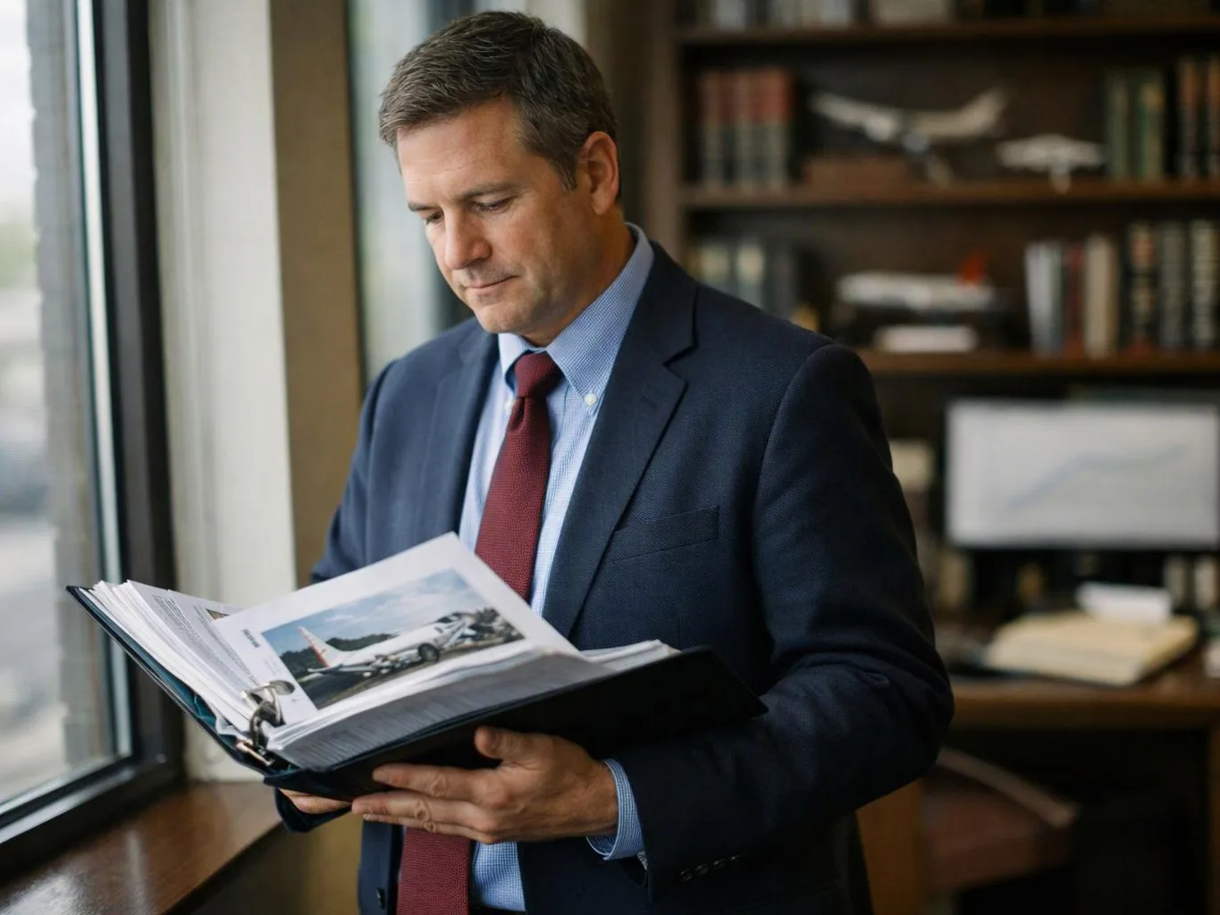 A businessman in a suit reads from an open binder by a window in an office