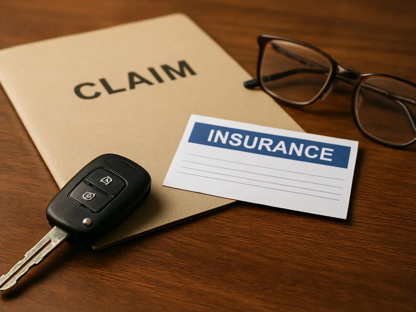 A car key, claim folder, insurance card, and eyeglasses rest on a wooden desk
