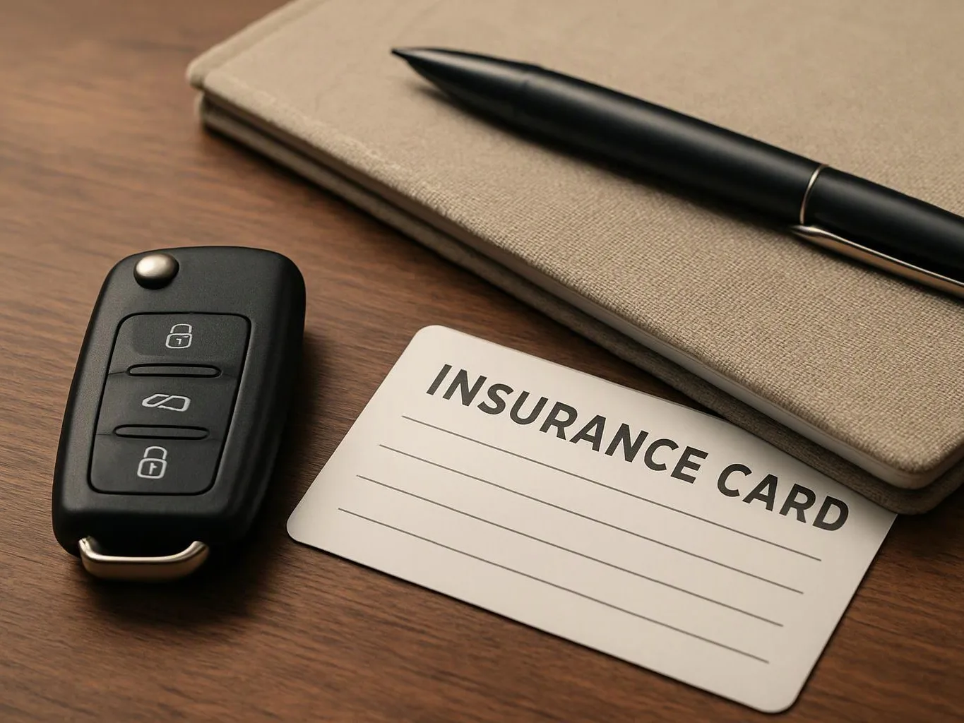 A car key fob, an insurance card, a notebook, and a pen rest on a wooden desk