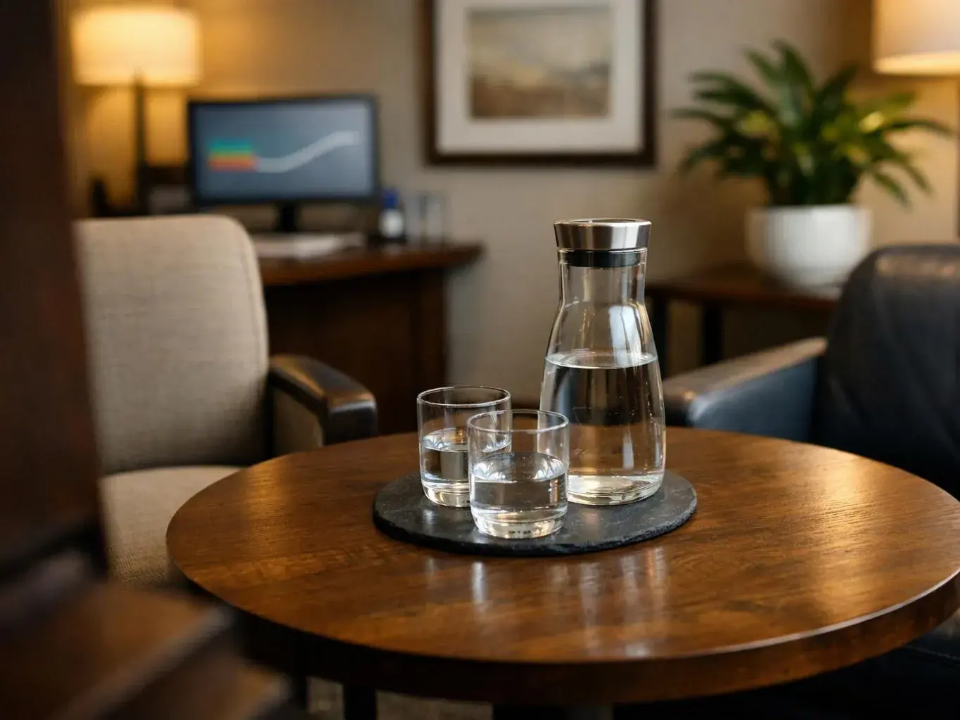 A carafe and two water glasses sit on a round wooden table in a softly lit lounge