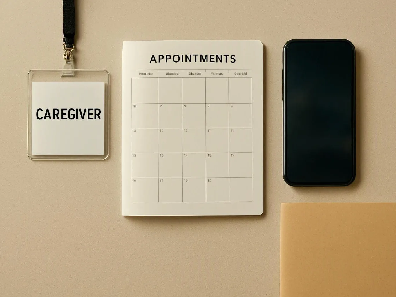 A caregiver badge, appointment calendar, phone, and folder sit neatly on a beige desk surface
