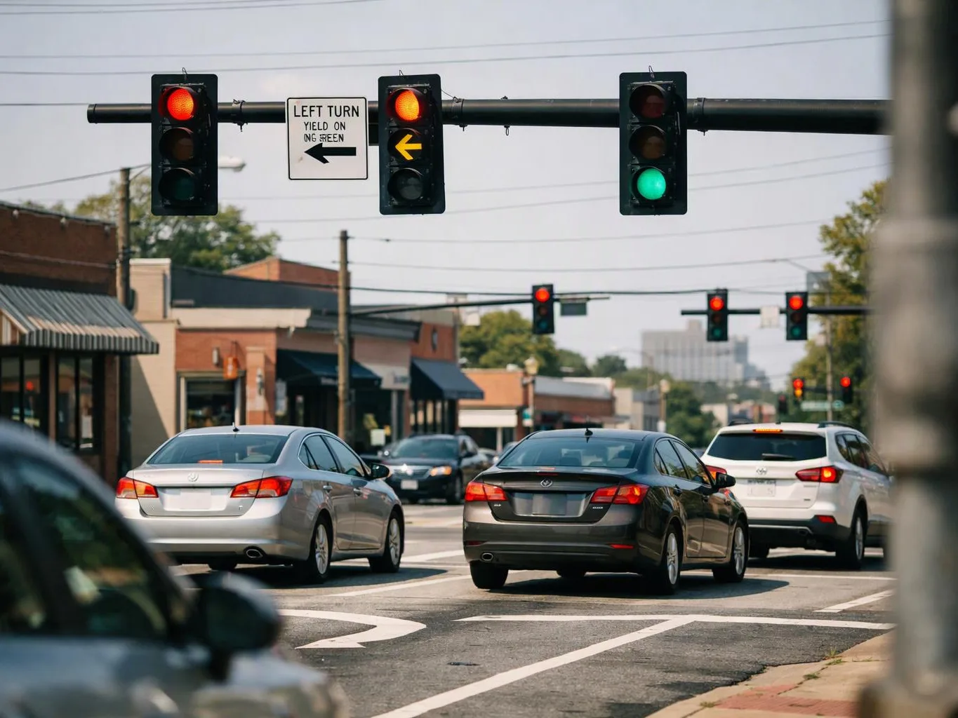 Cars wait at a city intersection under red traffic lights and a left turn sign